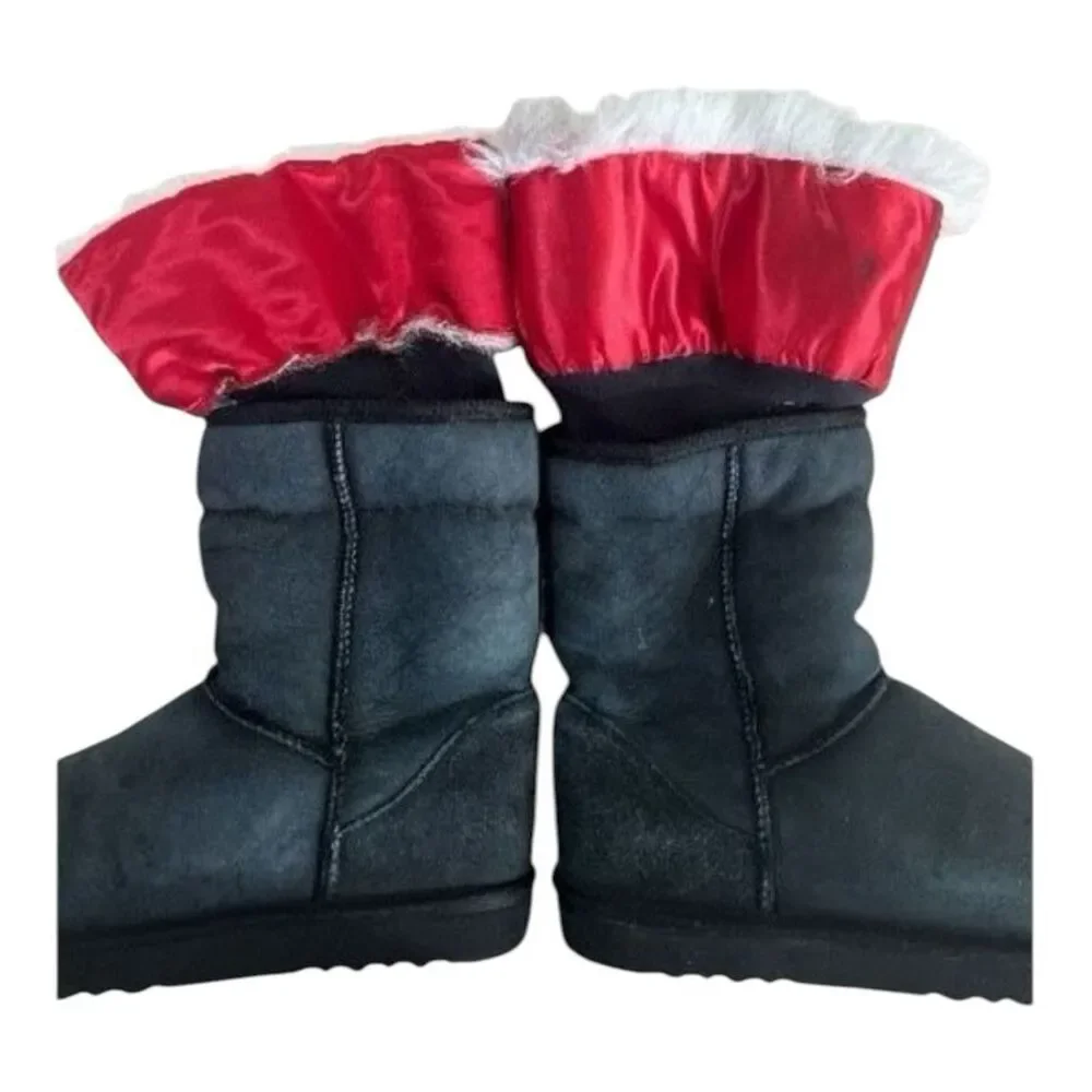UGG Classic Short Grey Leather Fur Cuff Boots Women Size M9 Sheepskin